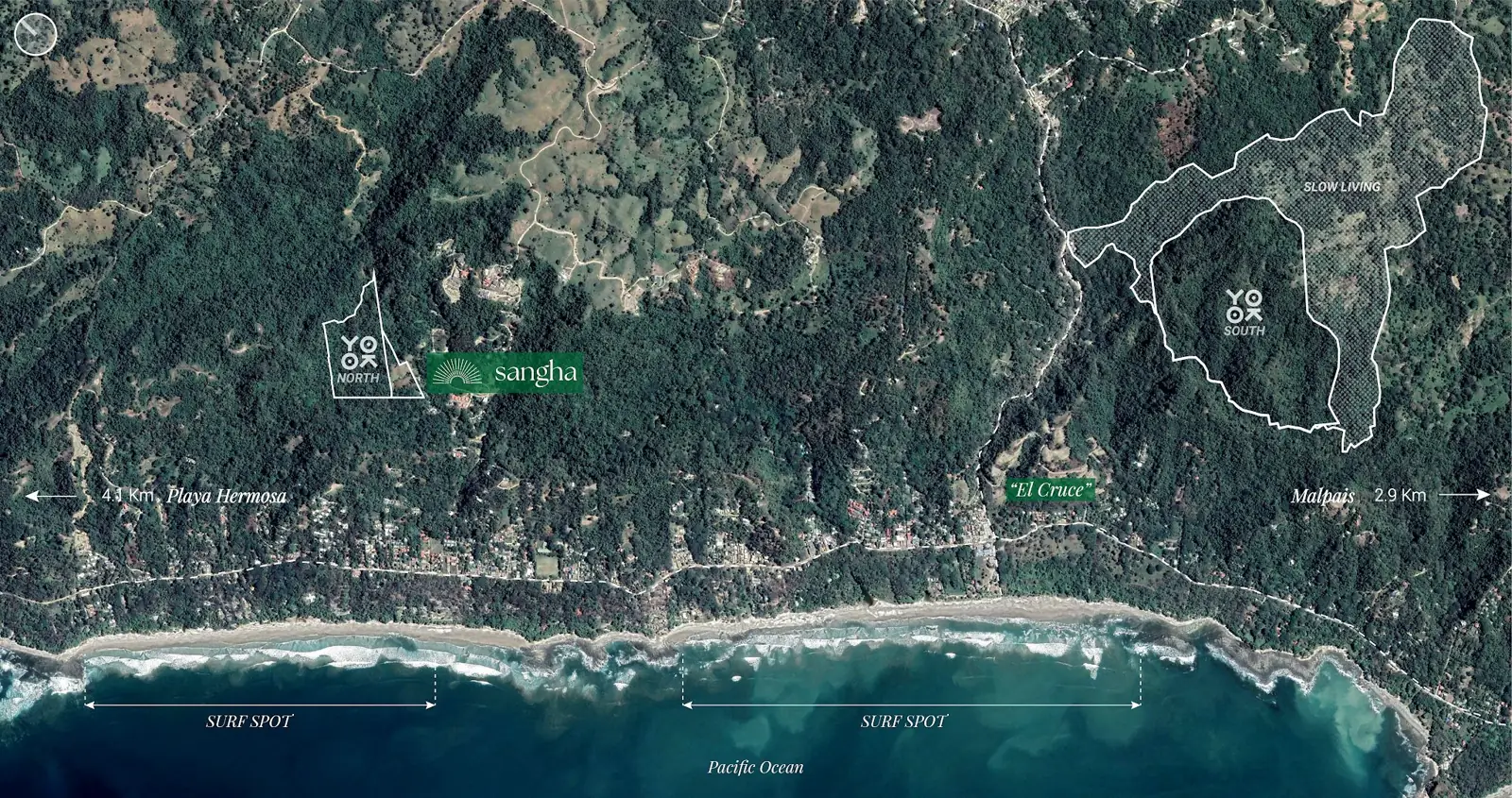 Satellite map of the Santa Teresa coast with outlines marking Yoko North, Sangha, Yoko South and Slow Living
