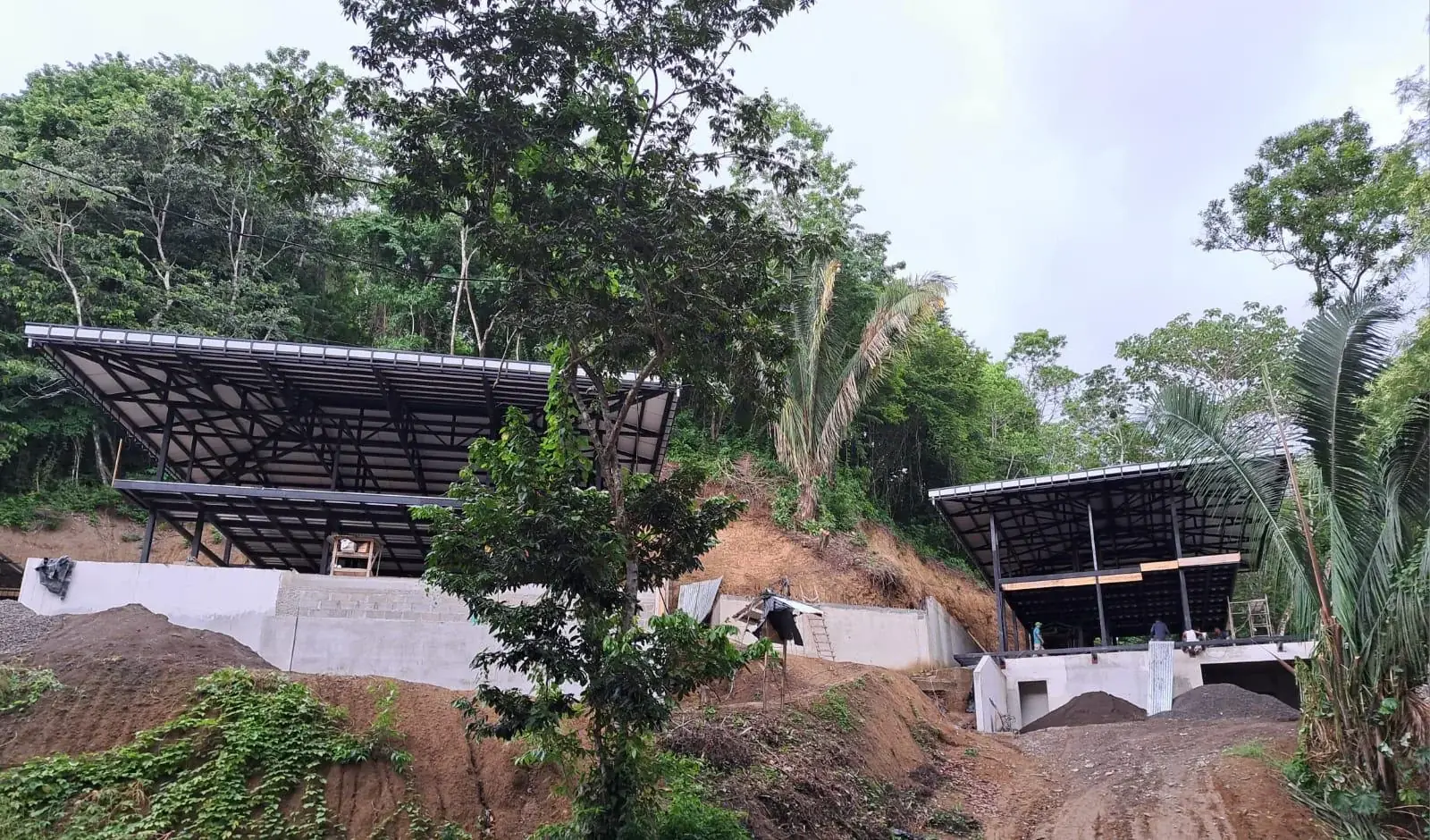 Two half-built villas with steel frames and roofs on a cleared slope