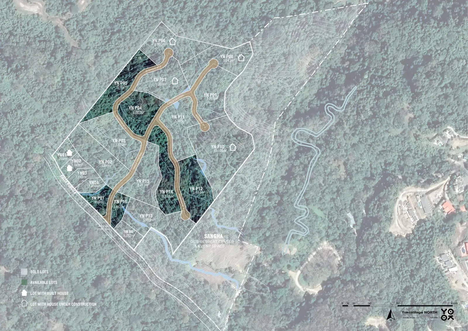 Site plan of Yoko North over a satellite image, showing 21 lots and the access roads