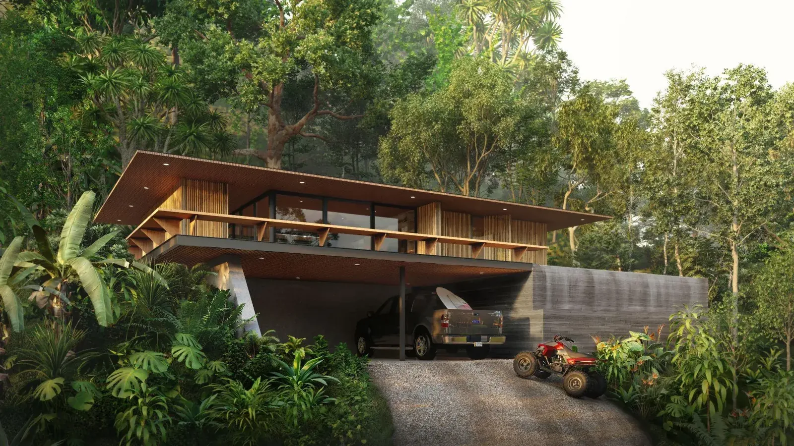 Architectural rendering of a long wooden villa on a forested slope