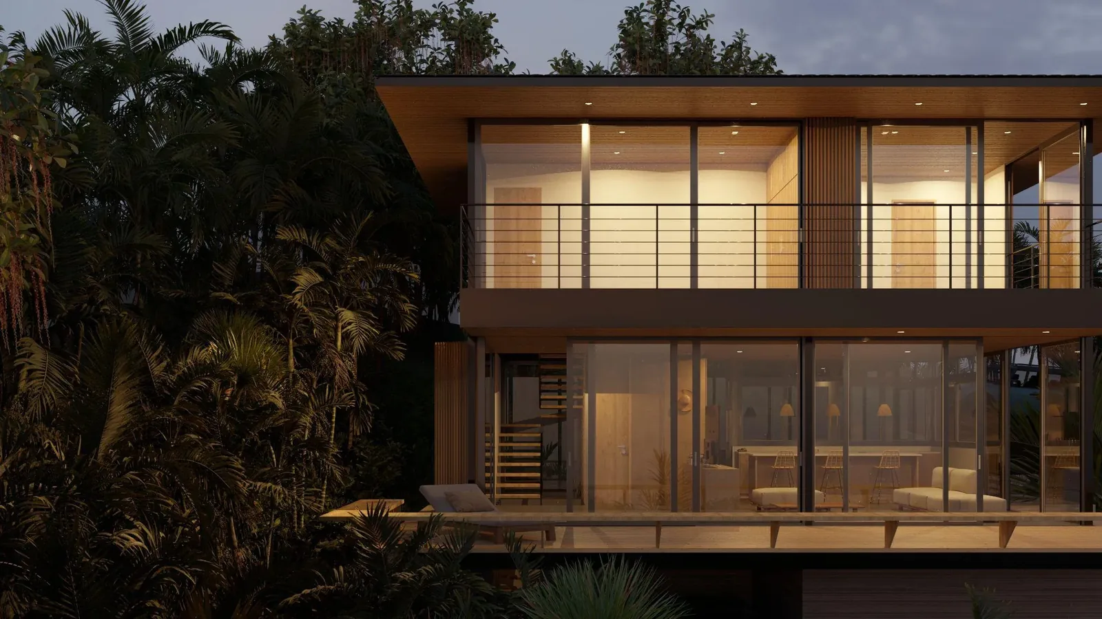Architectural rendering of a two-storey wood and glass villa at dusk
