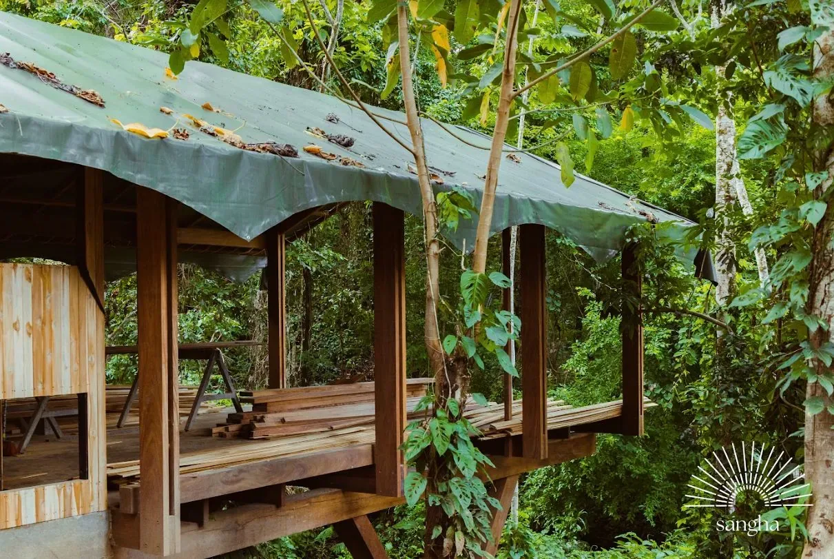 Wooden open-sided structure among trees